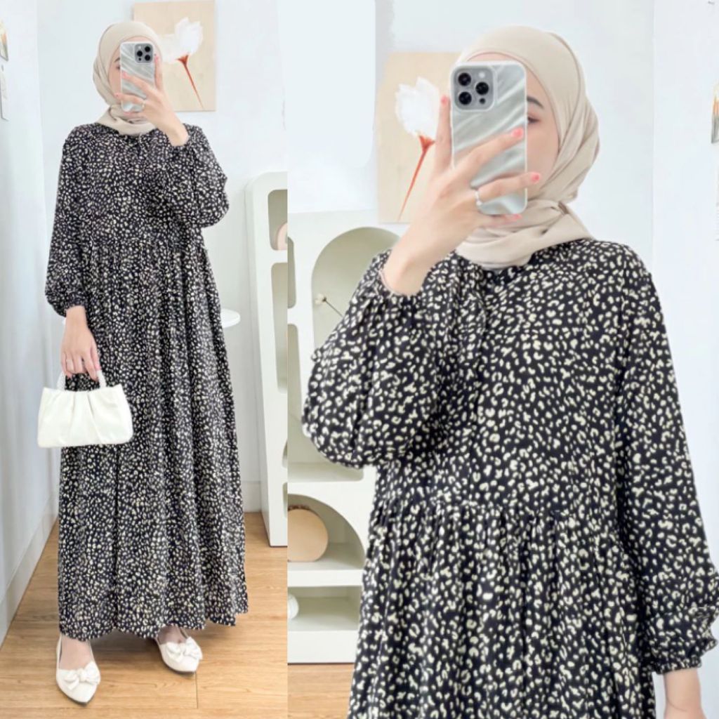 MIDI DRESS WANITA RAYON  / GAMIS RAYON ADEM BUMIL BUSUI FRIENDLY JUMBO-Leopard Hitam Krem