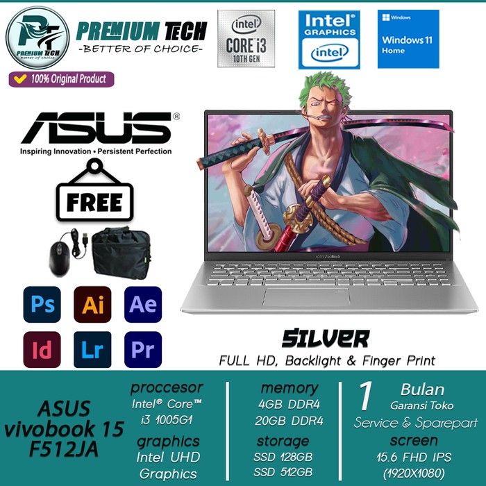Laptop Asus Vivobook 15 F512JA Intel i3 1005G1 RAM 12GB 512GB SSD Win 10 Home