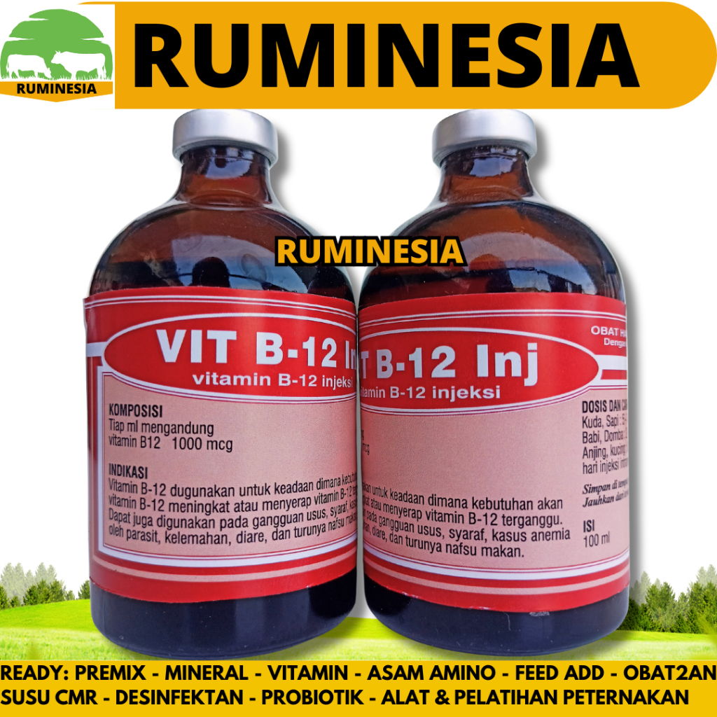 VIT B12 INJ 100ML BOTOL MERAH - Vitamin B12 Hewan - Meningkatkan Nafsu makan Hewan