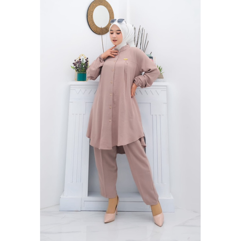 Setelan Tunik Set Long One Set Wanita Crinkle Polos