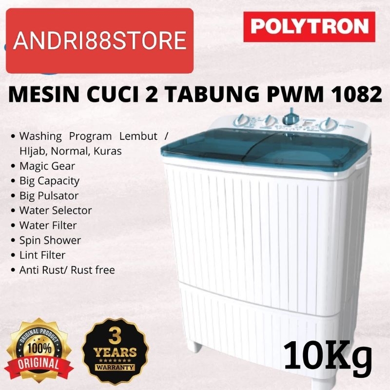 POLYTRON MESIN CUCI 2 TABUNG 10 KG PWM 1082