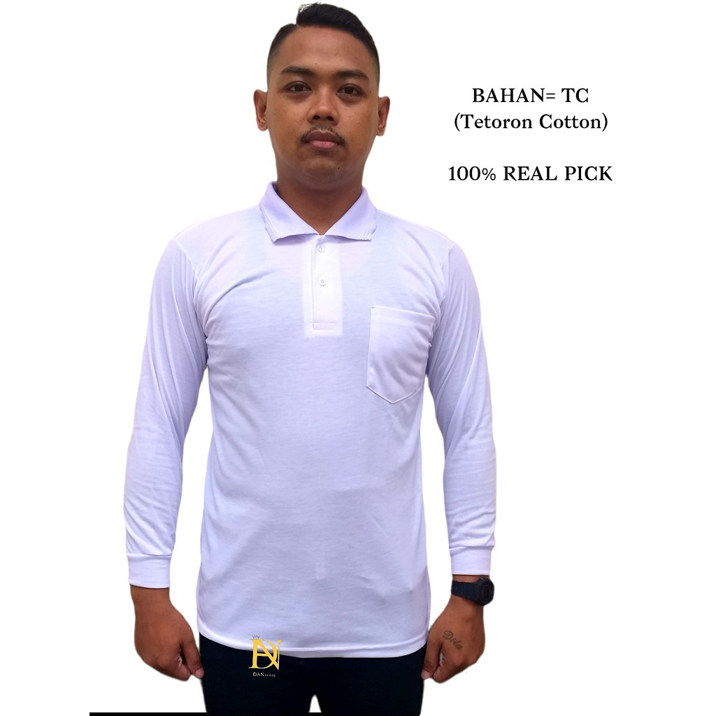 Kaos Putih Polos Kerah Lengan Panjang Pria Wanita Bahan TC / Kaos Tes Pendidikan Polisi TNI Polri