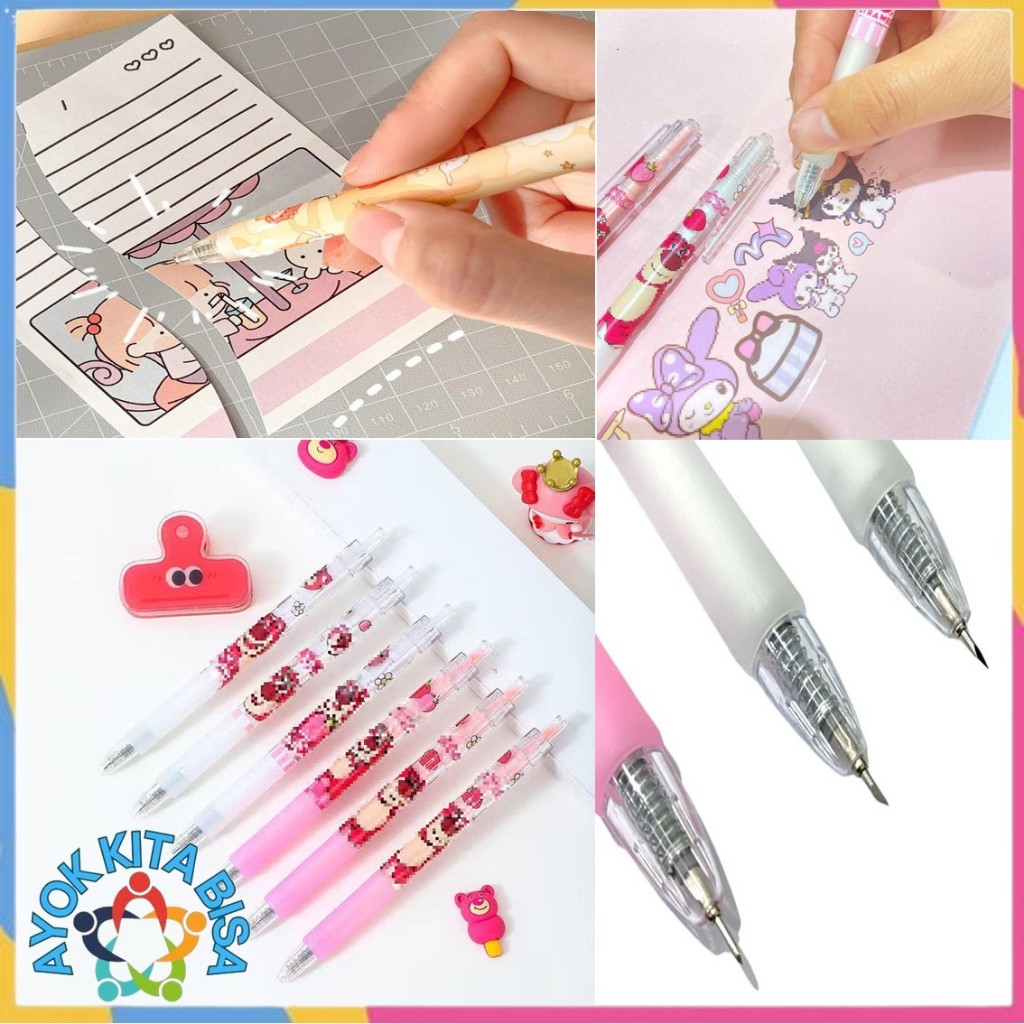 

AKB Pemotong Kertas Bentuk Pena Karakter Kartun Bear Strawberry Lucu Cutter Pen Knife Cut Stickers Scrapbooking Alat Pemotong Stiker Bentuk Pena Cutting Tools Portable Knife Carving DIY