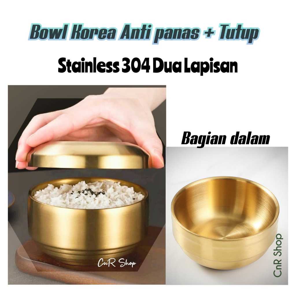 premium mangkok nasi korea emas anti panas stainless 304 tebal set tutup custom grafir nama