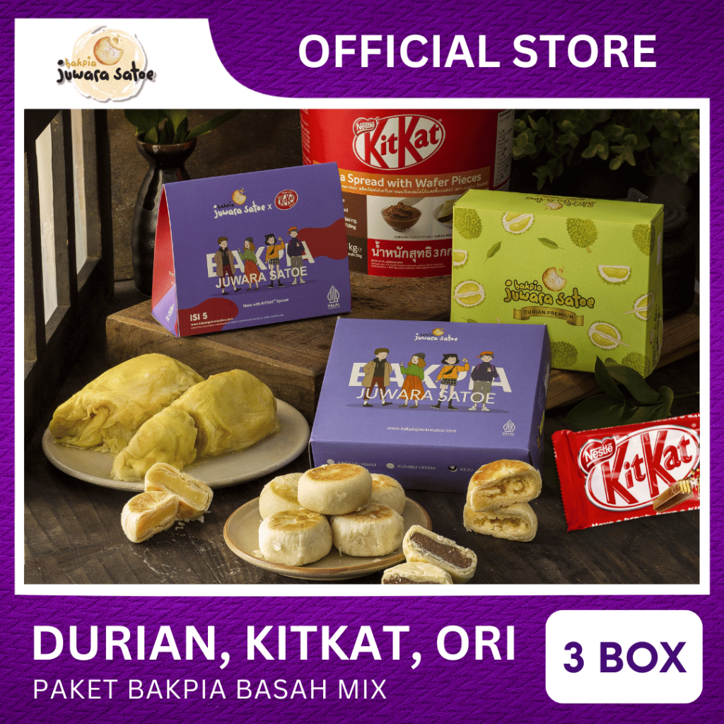 

[ 3 BOX ] PAKET BAKPIA BASAH MIX (DURIAN,KITKAT,ORI) - BAKPIA JUWARA SATOE