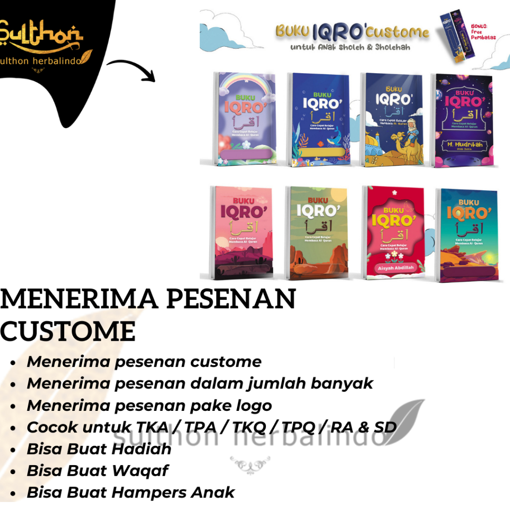 Kumpulan Buku Iqro Custom Cover + Nama Hard Cover Untuk Anak Sholeh & Sholehah Size A5 Gratis Buku K