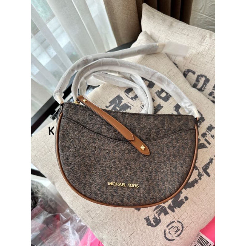 tas mk dover half moon crossbody sign brown original