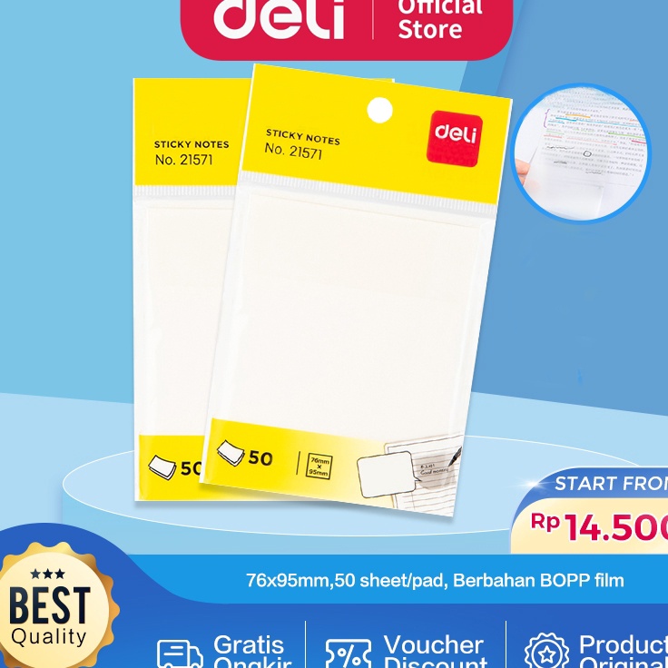 

Hemat Khusus Deli Semitransparent Sticky Notes Memo Tempel Semi Transparan 76x95mm 5 LembarPad Lem Kuat 21571