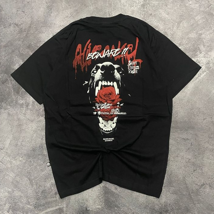 Street Style Tshirt Distro Alive Angel BEWARE ROSE Sleeve Short Black Tees / Kaos Original Distro Co