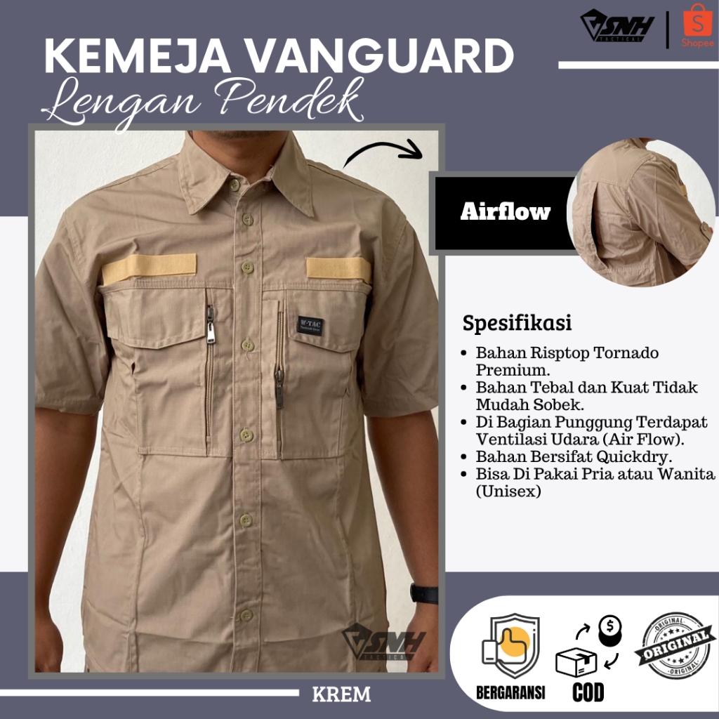 Asnh Kemeja Outdoor Vanguard Tactical Lengan Pendek Baju Pdl Bahan Ripstop Premium Cream