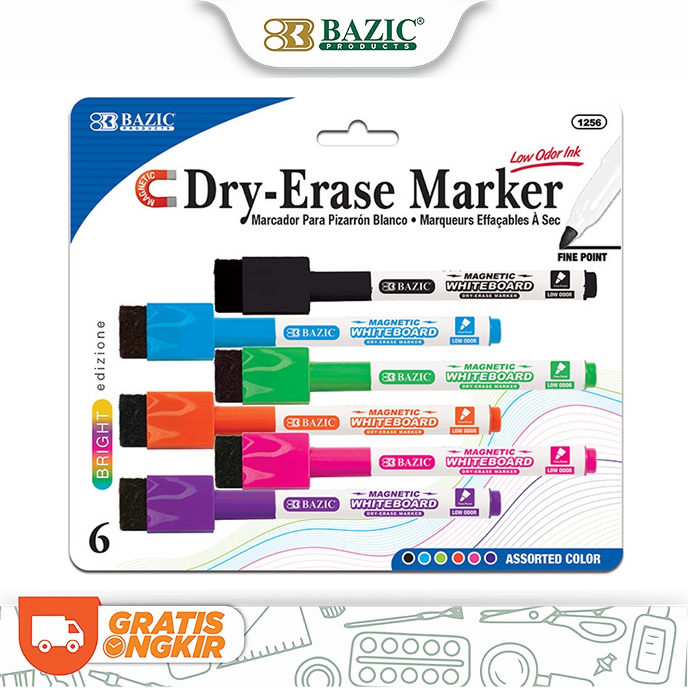 

Bazic Bright Color Magnetic Dry-Erase Markers (6/Pack) - Spidol Papan Tulis Include Penghapus