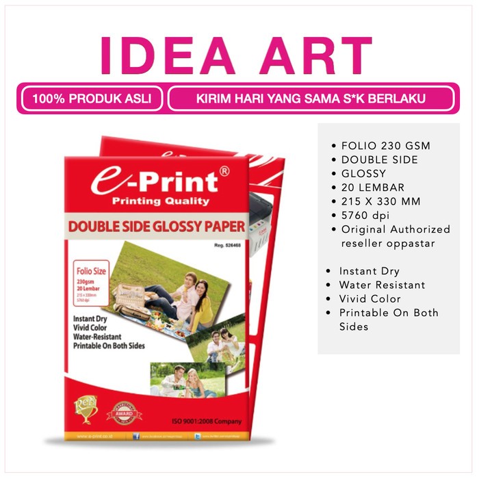 Kertas Foto Double Side Glossy Photo Paper e-Print Folio F4 230 gsm isi 20 Lembar Instant Dry Tahan 