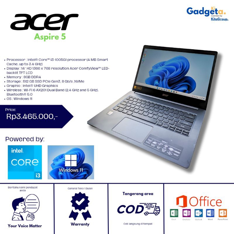 Laptop Acer Acer Aspire 5 a514-53 - Core I3 Gen 10 Ram 8/512 GB Bekas
