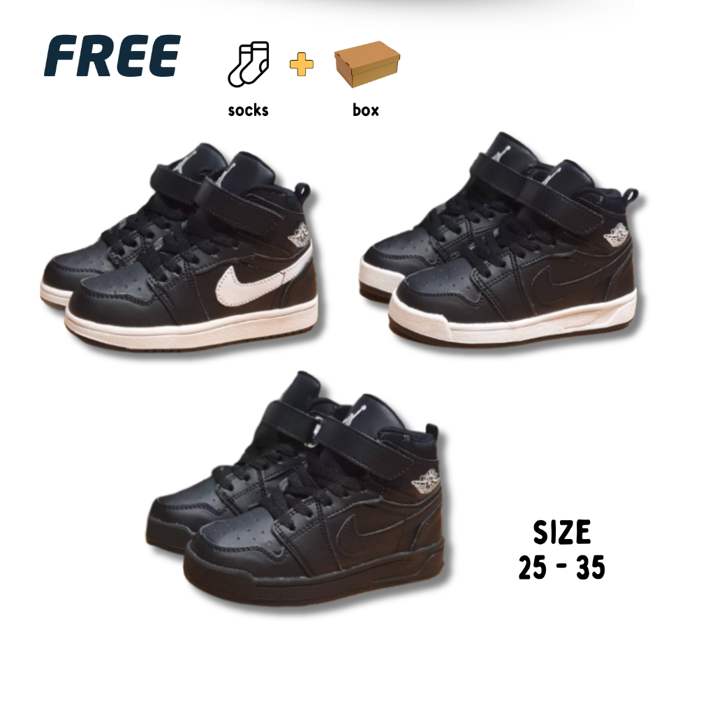 Sepatu Jordan Anak Laki-Laki Perempuan Sepatu Sekolah Boot Hitam Polos TK SD Usia 3-9 Tahun