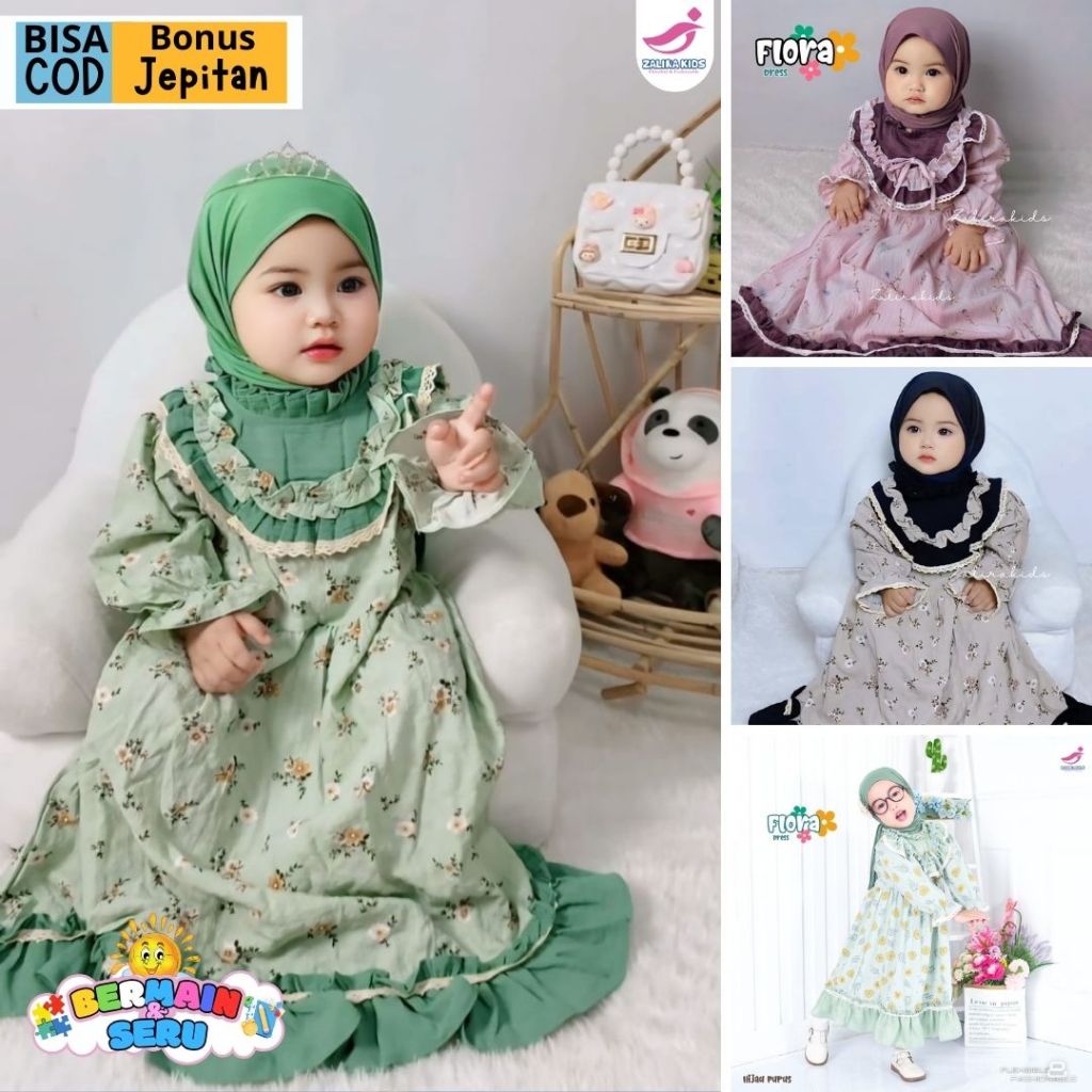 Flora Dress Gamis Anak Perempuan usia 1 - 5 tahun terbaru Original Zalira Kids / Dress anak set jilbab / gamis lebaran 2024