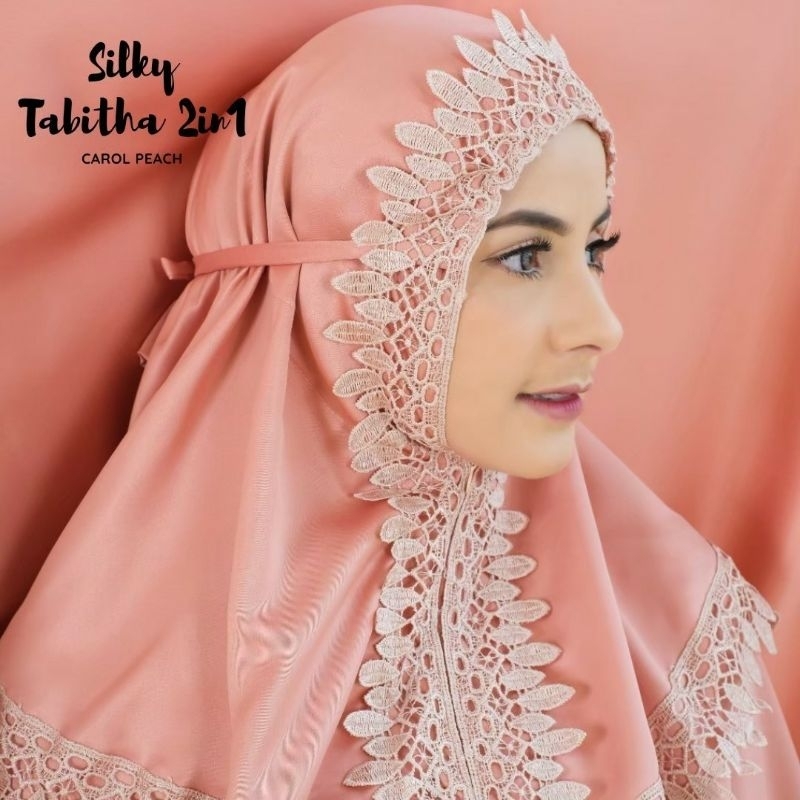 Mukena dewasa jumbo besar silky Tabitha 2 in 1 satin renda jiper tas rantai