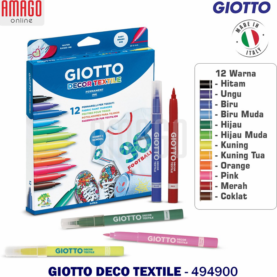 

KODE U4Q GIOTTO Decor Textile Fiber Pen 12 Colors Spidol Permanen khusus Kain 12 warna 4949