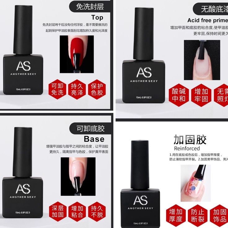 TERBARU AS Gel Black Bottle Polish Top Coat Base Coat Diamond Top Coat 15ml  Kutek Gel AS Diamond To