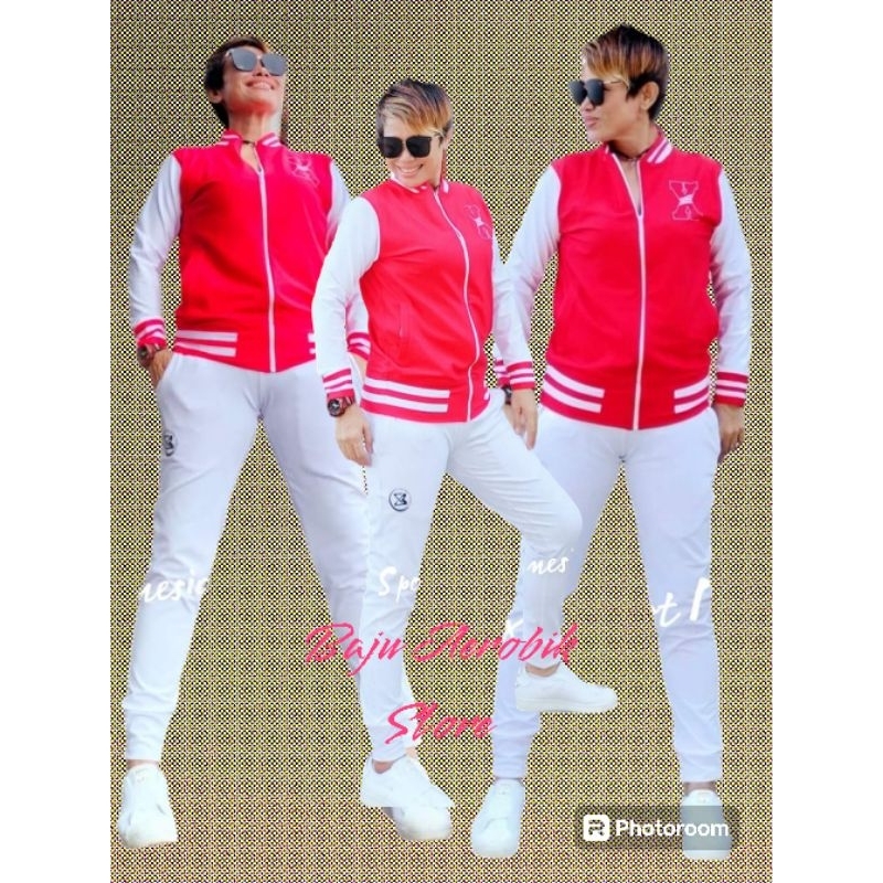 SETELAN BAJU OLAHRAGA PRIA WANITA SENAM AEROBIK BERKUALITAS SXB SPORT JACKET DAN JOGGER MERAH PUTIH