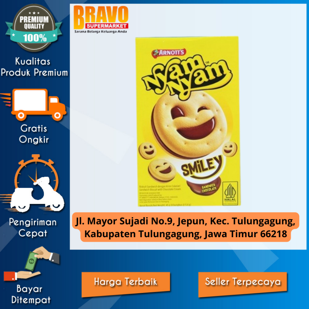 

Bravo Supermarket Tulungagung - Nyam Nyam Smiley Sanswich Chocolate - Netto 45gr