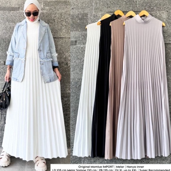 Dress Inner Plisket Tanpa Lengan Hyget Premium  Inner Gamis Lengan Buntung Polos Mayung  Pleated Dre