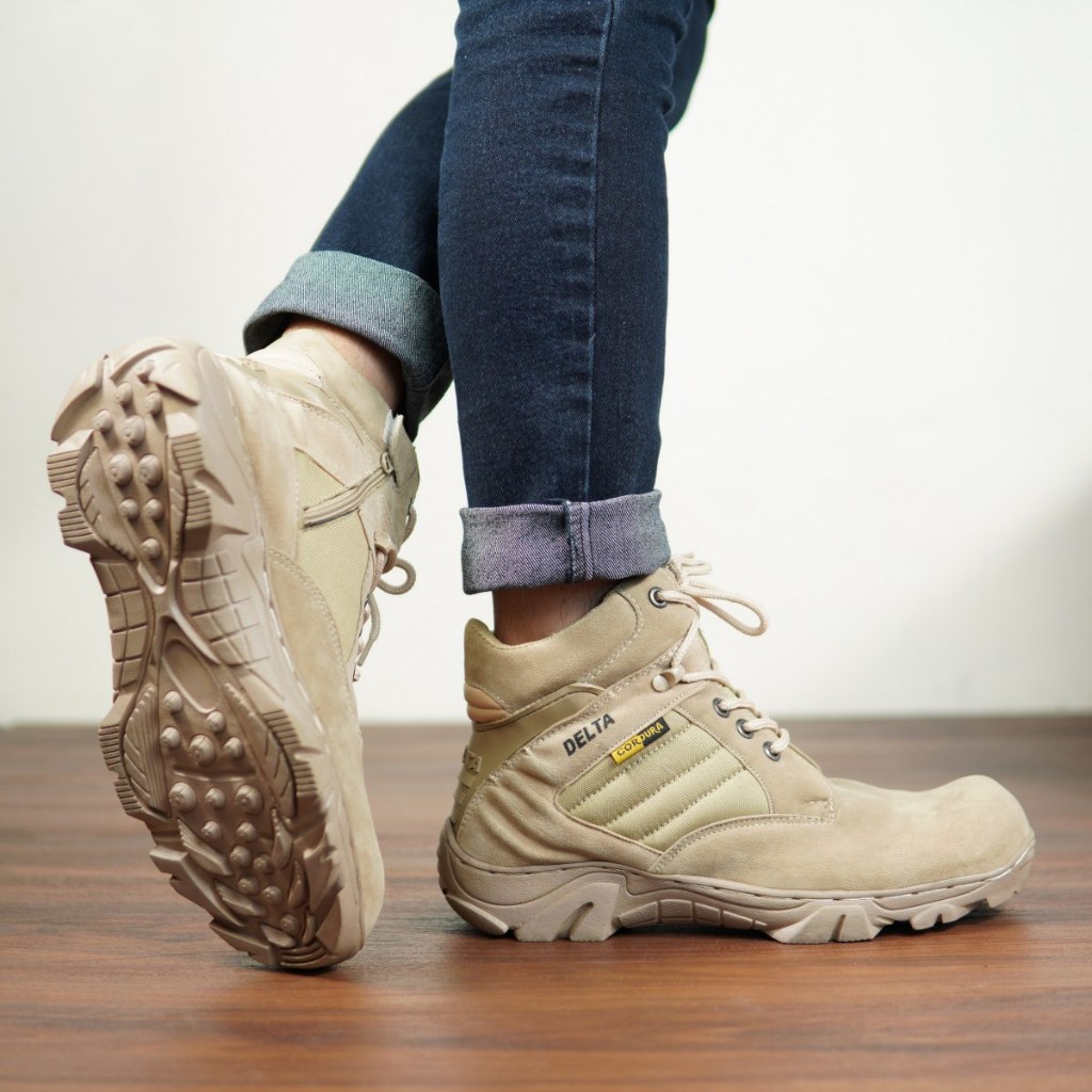 Sepatu Pria DLT USA Tactical Cordura 6 inci Pendek Boots Safety Ujung Besi HITAM CREAM