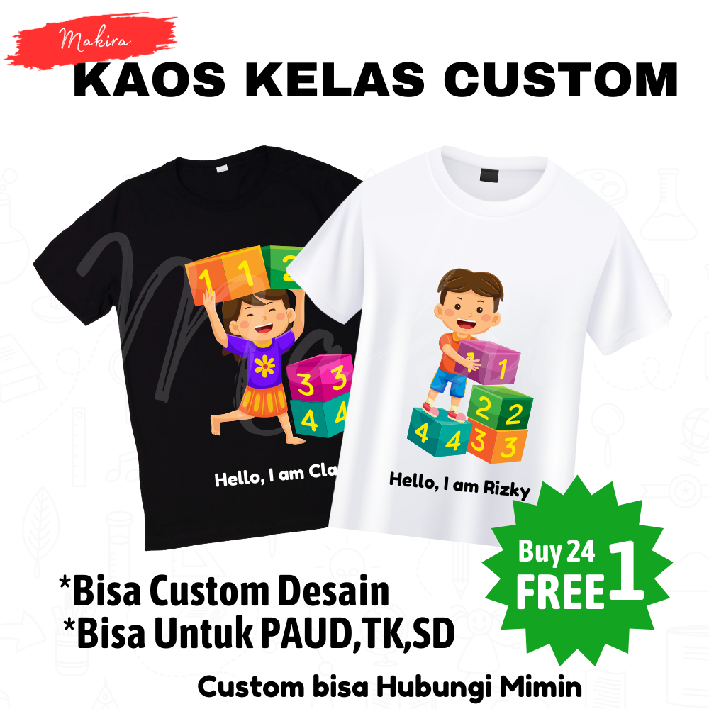 Sablon Kaos Custom Kelas Anak Cewek Cowok Laki Laki Perempuan Unisex PAUD TK SD Sekolah Dasar Bisa Request Model Motif Nama Sekolah Siswa Kualitas Premium Anti Mengelupas Baju Angkatan Diesnatalis Lucu Karakter Bebas Desain Design Sendiri Umur 3-12 Tahun