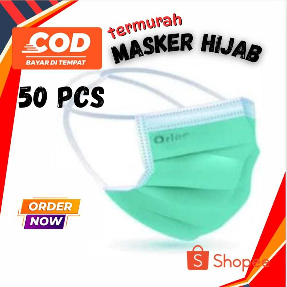Masker Hijab Medis  Headloop FACE MASK 3ply Bahan Tebal dan Halus Anti Debu dan Virus 1 Box isi 50pc