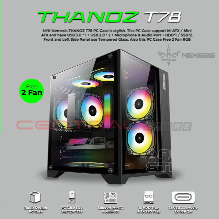 CASING GAME PC NYK THANOS T78 MICRO ATX FREE 2 FAN RGB BLACK GAMING CASE
