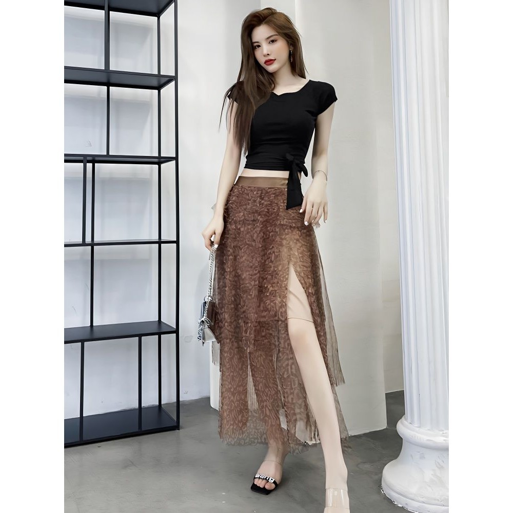 Rok Jala Wanita Desain Macan Tutul, Multi-lapisan Tidak Beraturan Panjang Sedang