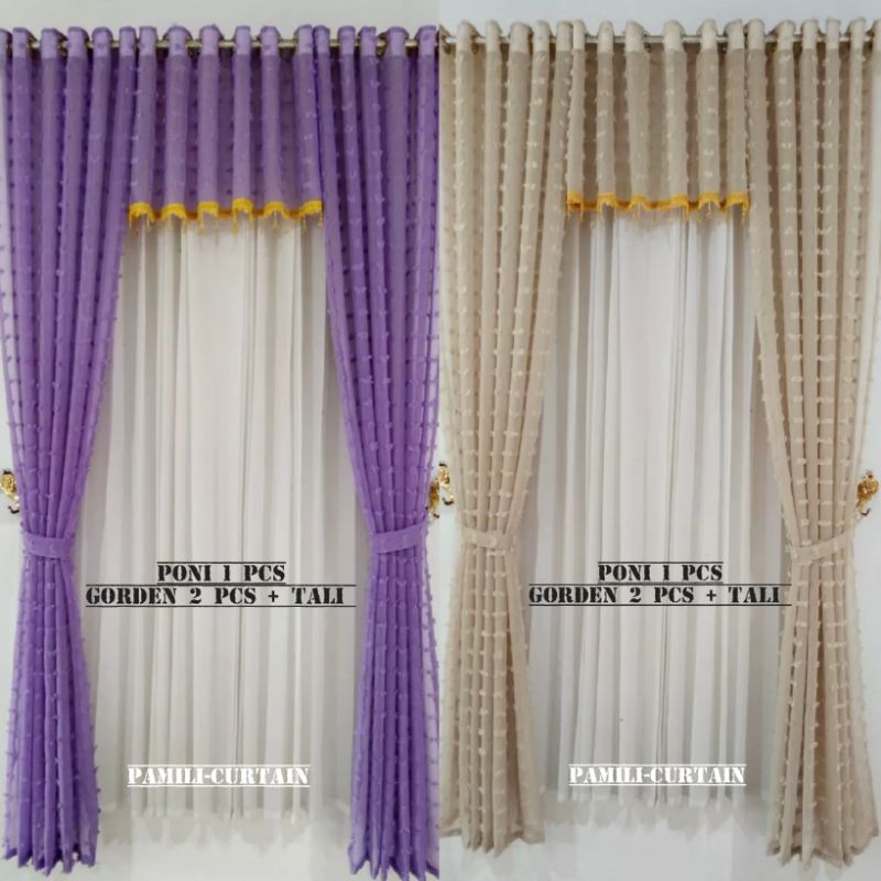 Gorden Satu Set Poni Jendela Dan Pintu Tinggi 250 Bahan Vitrase Rubiah Ungu Cream