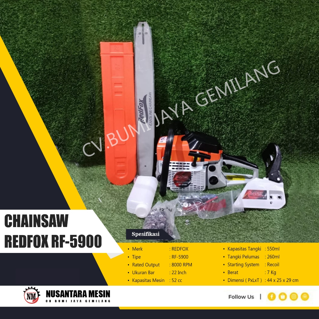 MESIN GERGAJI KAYU / CHAINSAW REDFOX RF 5900 BAR GIGI