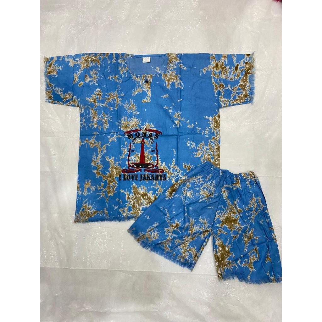 Setelan Baju Barong Motif Monas Jakarta Anak Laki laki dan Perempuan Usia 1-8 tahun Stelan Kaos Baro