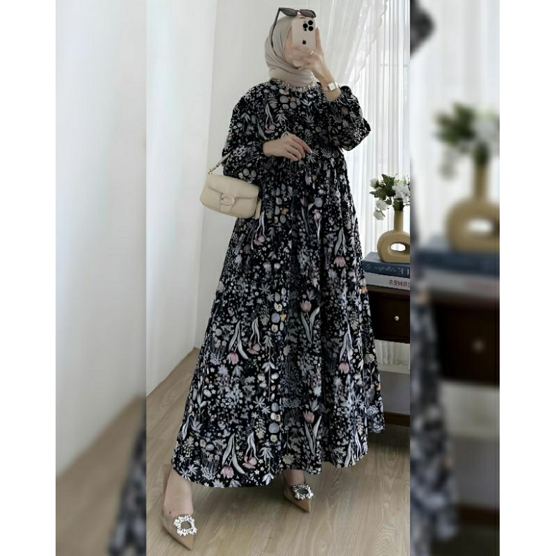 GAMIS MIDI DRESS / DRES RAYON VISCOSE ADEM PREMIUM ORI BUSUI MOTIF TALI REMPEL