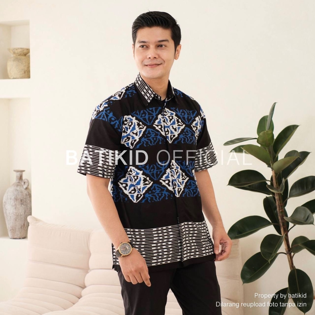 HEM BATIK PRIA - LENGAN PENDEK - SONGKET KOTAK BIRU