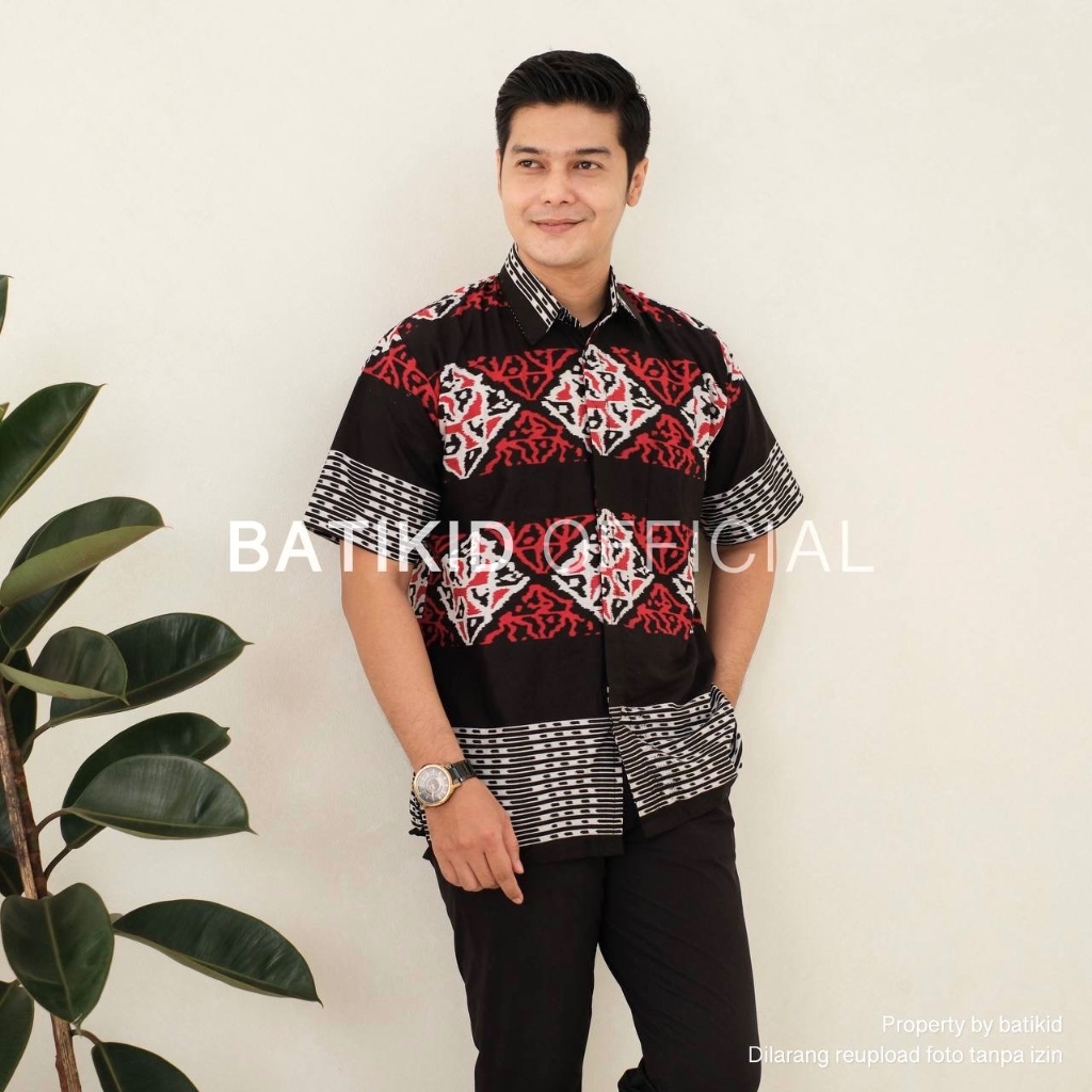 HEM BATIK PRIA - LENGAN PENDEK - SONGKET KOTAK MERAH