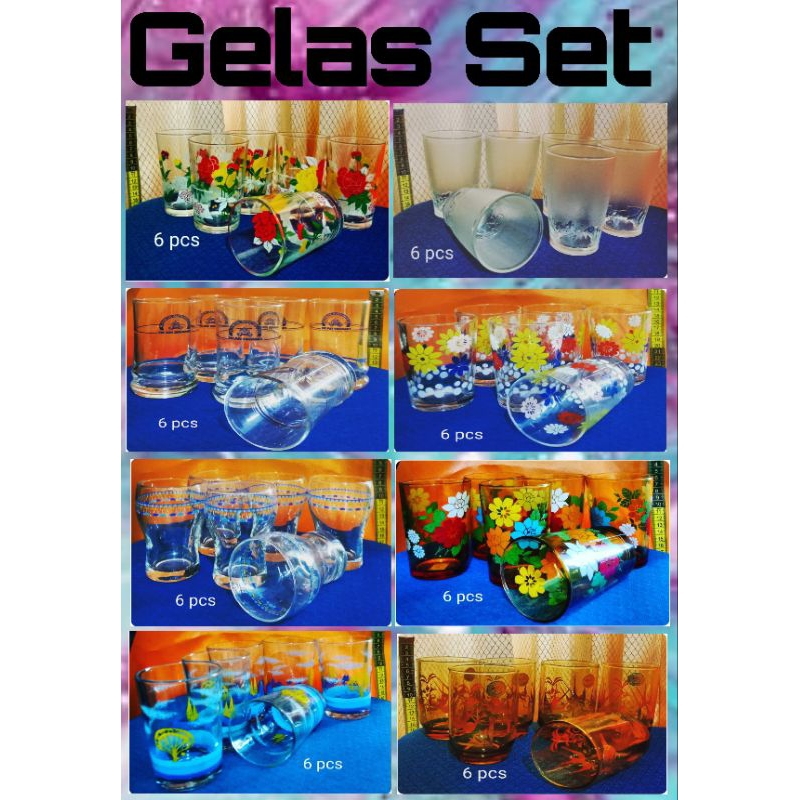 KADO SOUVENIR GROSIR 6 BUAH SETENGAH LUSIN PERALATAN GELAS CANGKIR MINUM KACA BELING SET KUNING EMAS
