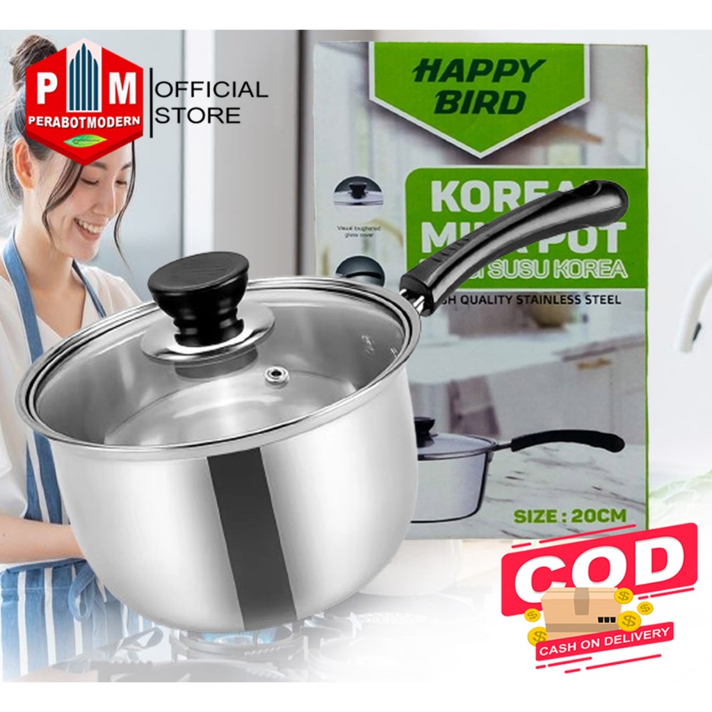 Panci Mie Susu Korean Milk Pot Stainless 20CM Tutup Kaca Serbaguna