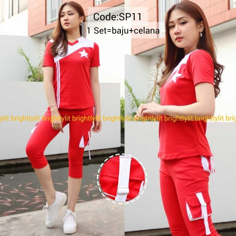 Zn Sport-setelan olahraga merah putih kantong cargo baju senam wanita