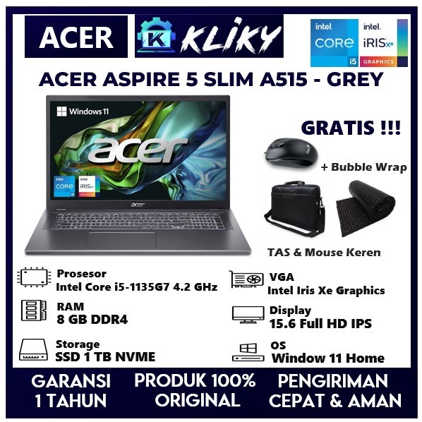 Laptop Acer Aspire 5 slim Intel Core i5 Gen 11 1135G7 Ram 8GB Ssd 1 TB Grey