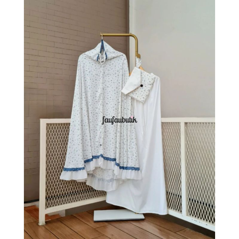 Mukena Rayon Faufauhijab Rimpel Autum Bunga Kecil Biru