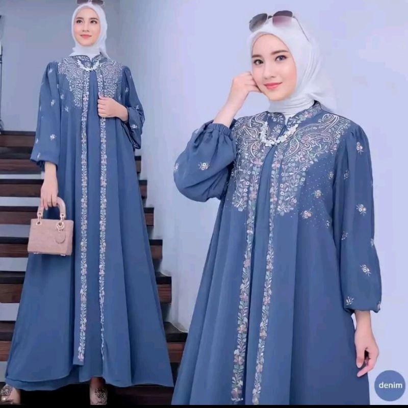 Dress annisa crinkle airflow full bordir gamis wanita terbaru 2024 fashion wanita hijab terlaris gau