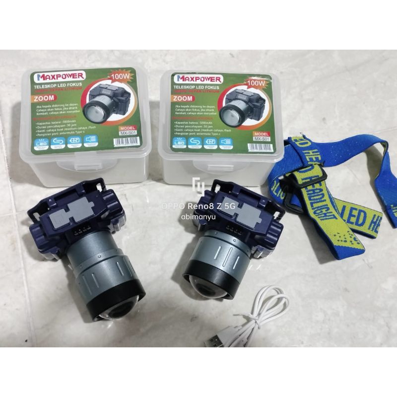 senter kepala zoom led chip 100 watt maxpower telescop led focus baterai 5000 mAhtahan 30 jam cahaya