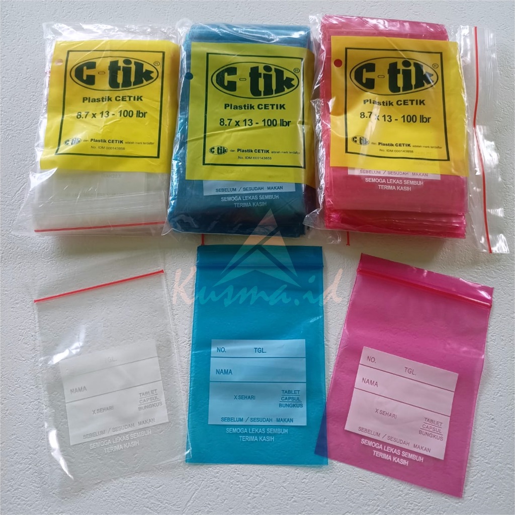 Plastik Klip Obat Zipper Ziplock 8,7 x 13 Biru, Merah dan Bening/Transparan ..Kantong Plastik Obat A