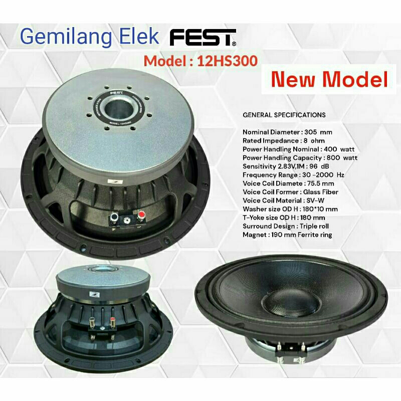 Speaker Komponen FEST 12HS300 coil 3 ( 12 inch)  Original