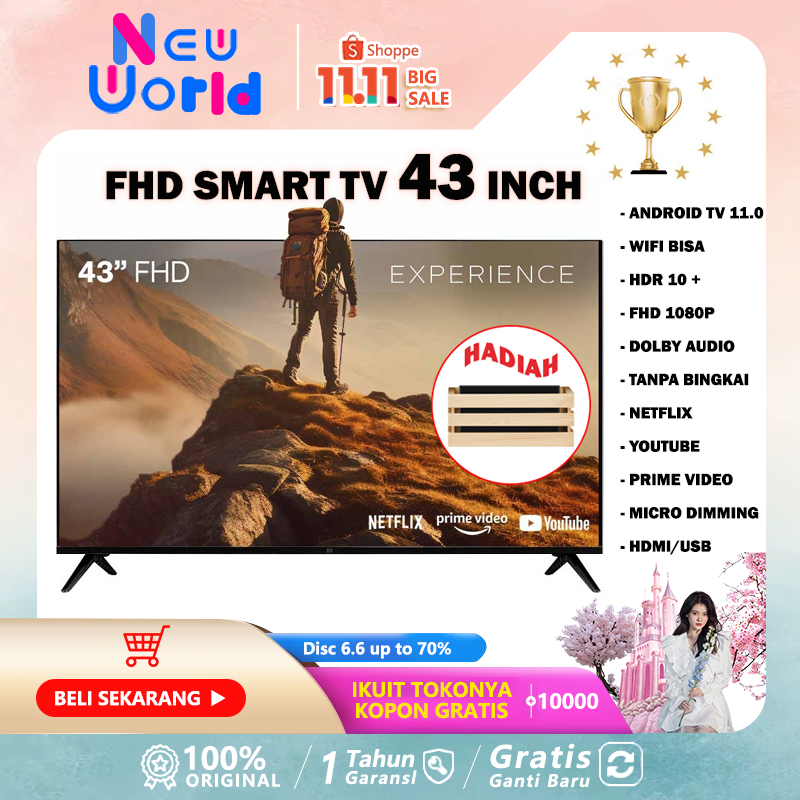 Android Smart TV 43 inch FHD 1080P - Android 11.0 - Google Play/Netflix/YouTube - Tanpa Bingkai - Wi