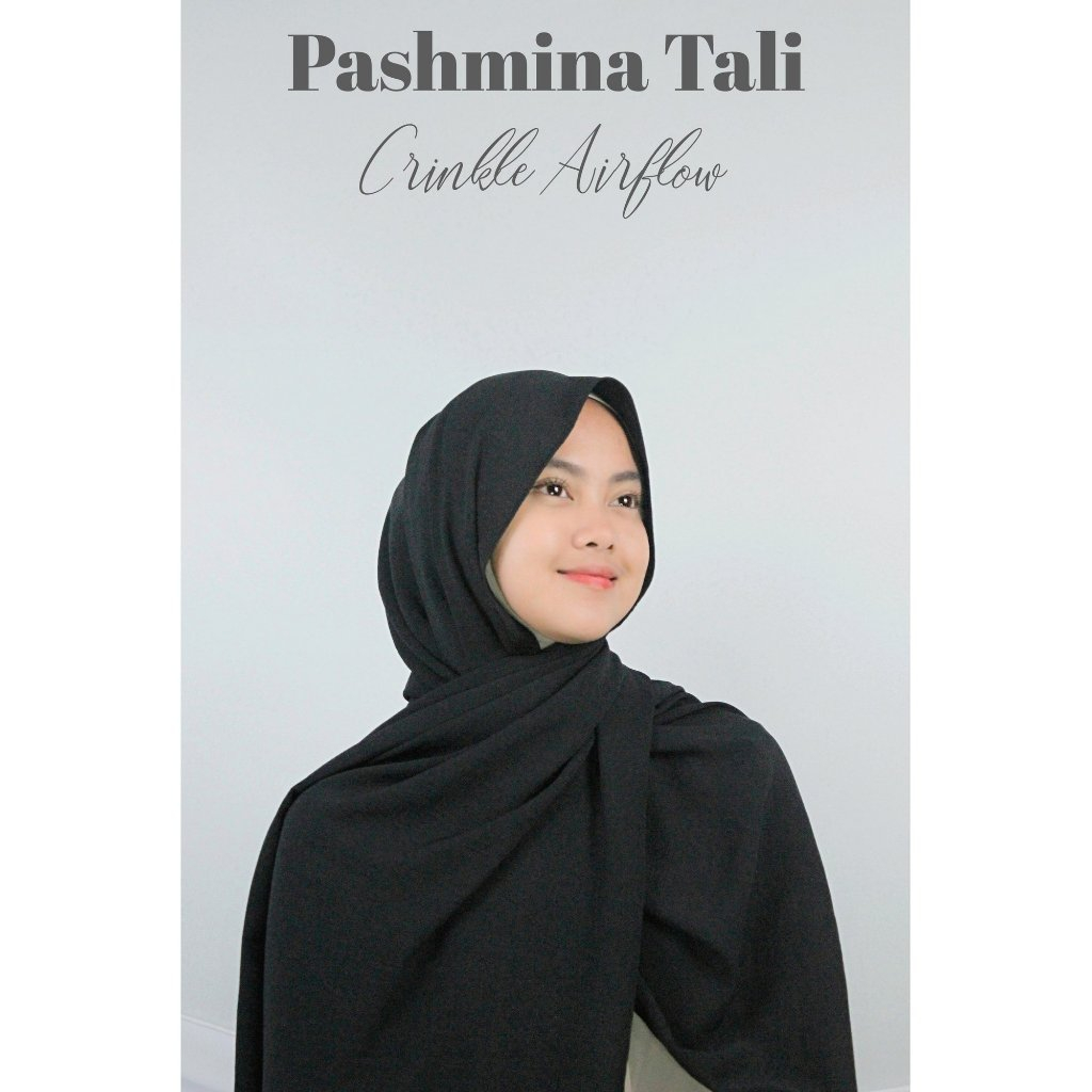 Kerudung Pashmina Tali Instan Crinkle Airflow Hitam / Black 180 x 75