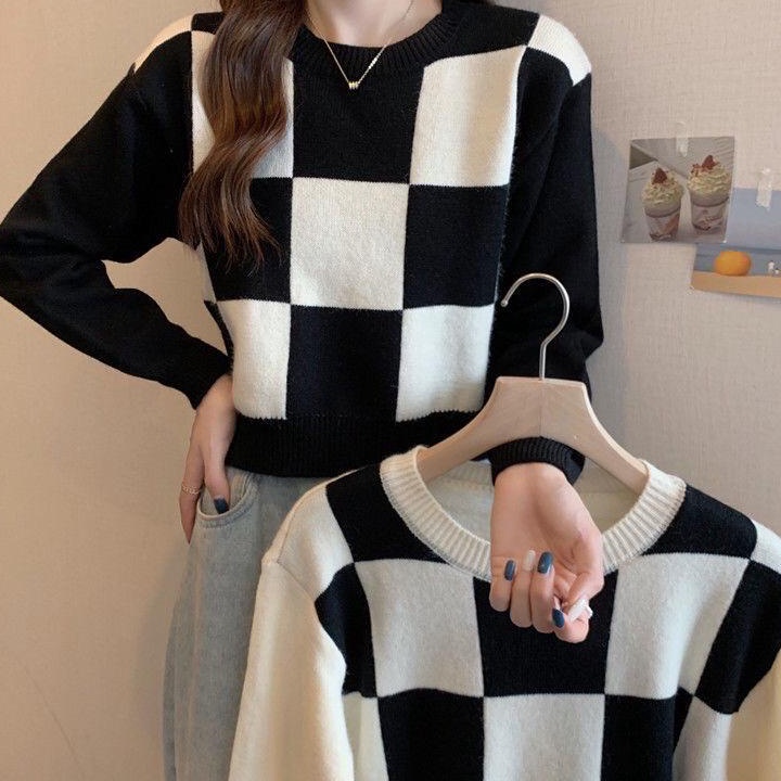 Crop top rajut lengan panjang wanita korea sweater atasanyikoo KOTAK KOTAK SWEATER RAJUT CROP TOP LE