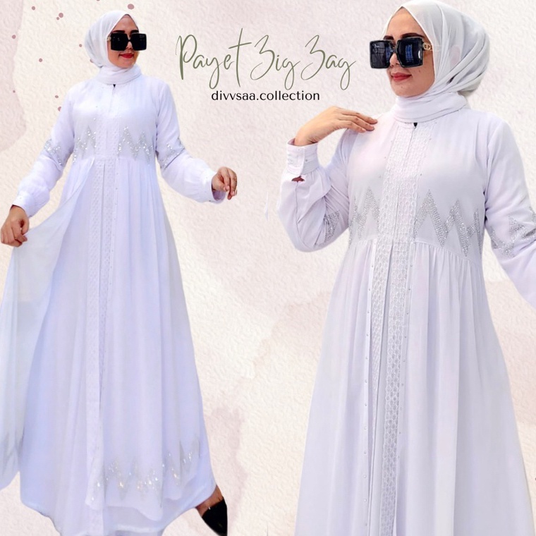 Terbaru GAMIS ABAYA TURKEY PUTIH BUSUI PAYET ZIGZAG CERUTY 2 LAYER