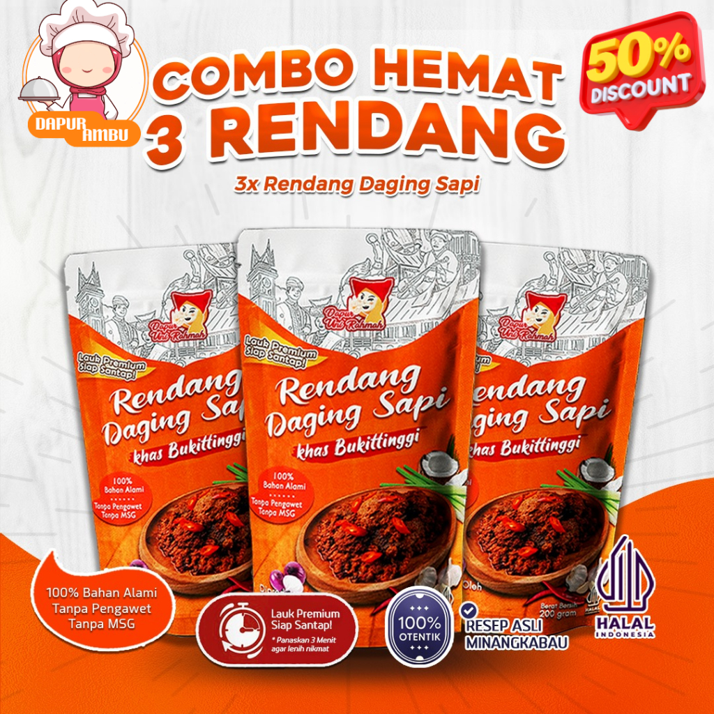 

[Combo Hemat 3 Rendang @200gr] Dapur Ambu Daging Sapi Asli Khas Bukittinggi | Rendang Daging Sapi Asli Padang Kemasan Siap Saji | PAKET HEMAT Rendang sapi foodenna dapat 3 pcs @200 gr | Rendang Daging Sapi Asli Padang | Paket Padang Rendang daging sapi